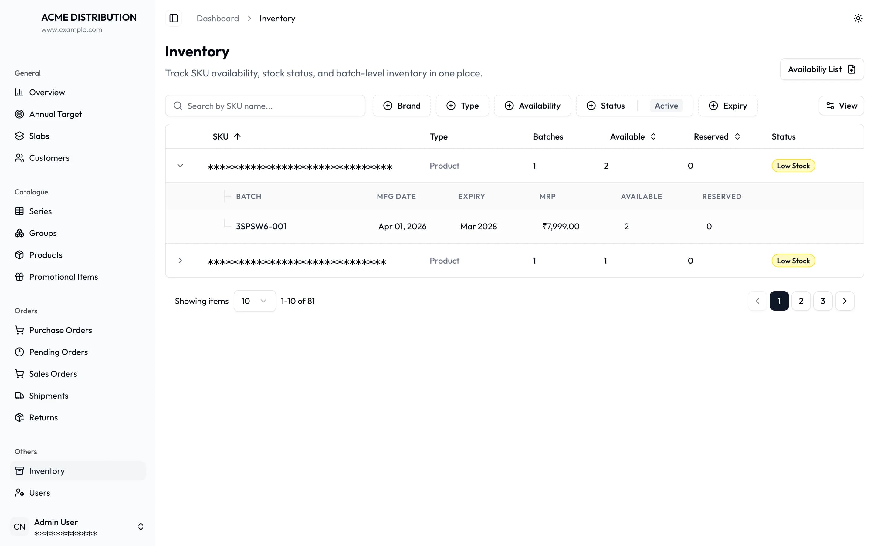 Inventory list expanded to a batch row with manufacturing and expiry dates