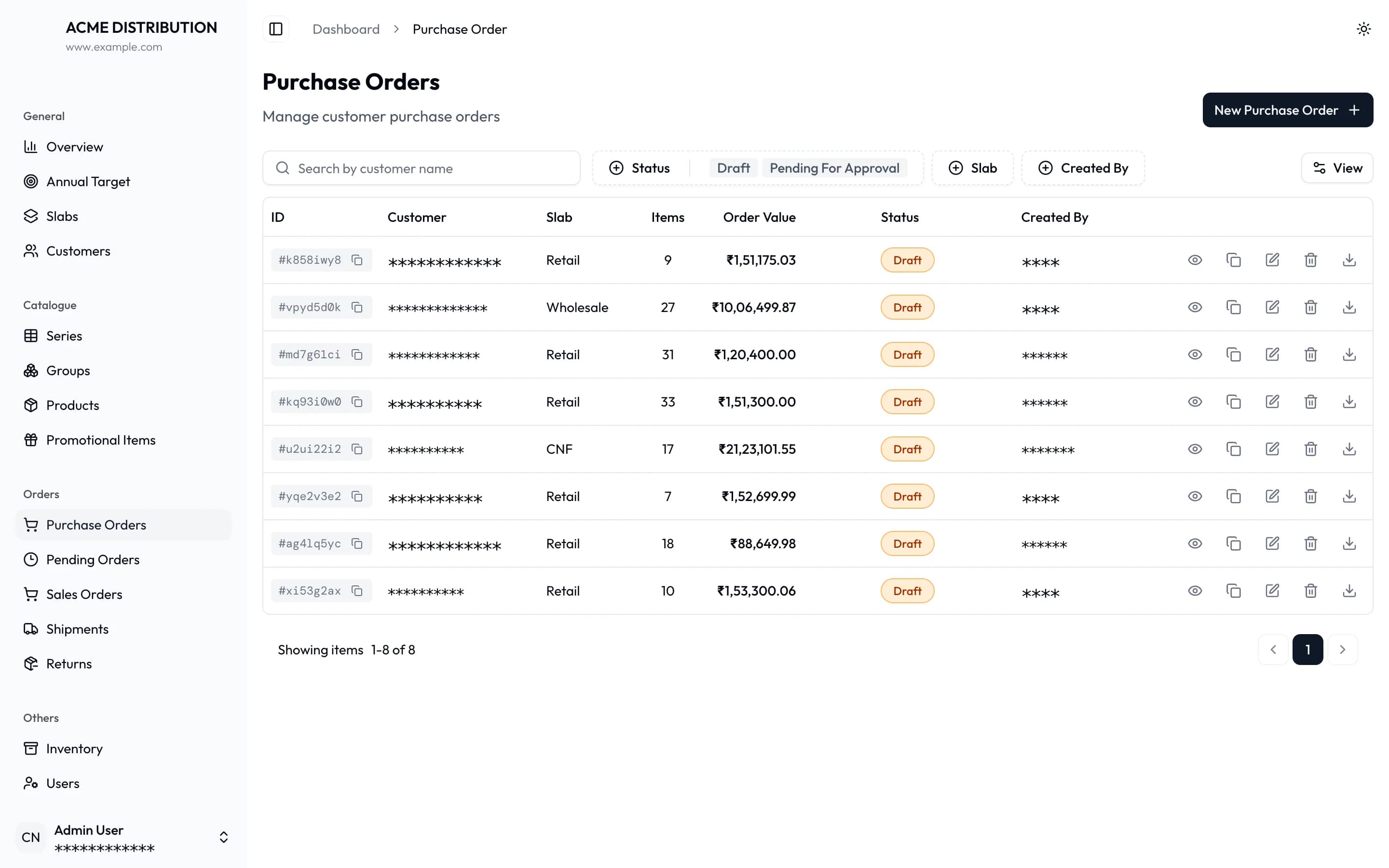 Purchase orders list with customer, slab, items, order value and draft status
