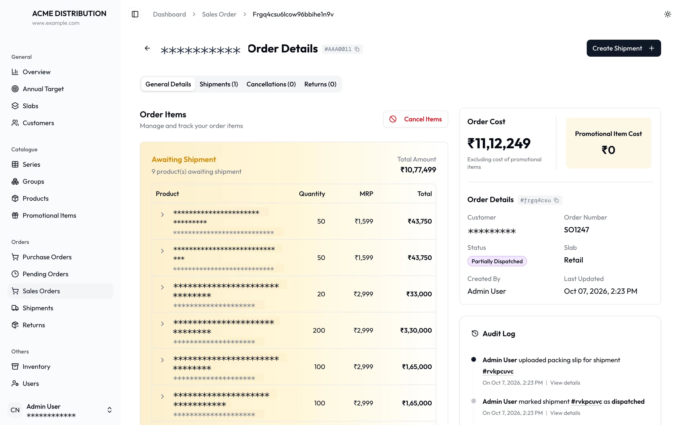 Sales order detail with items awaiting shipment, order cost and an audit log