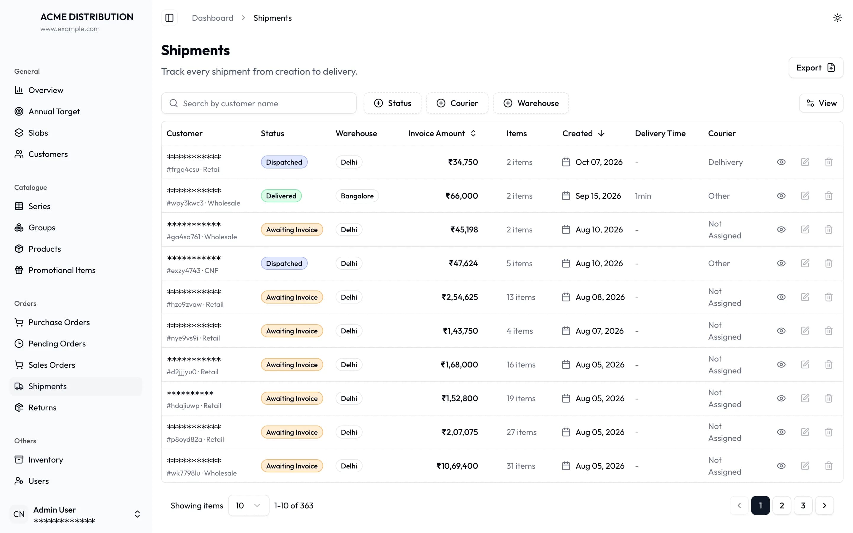 Shipments list with status, warehouse, invoice amount, date and courier