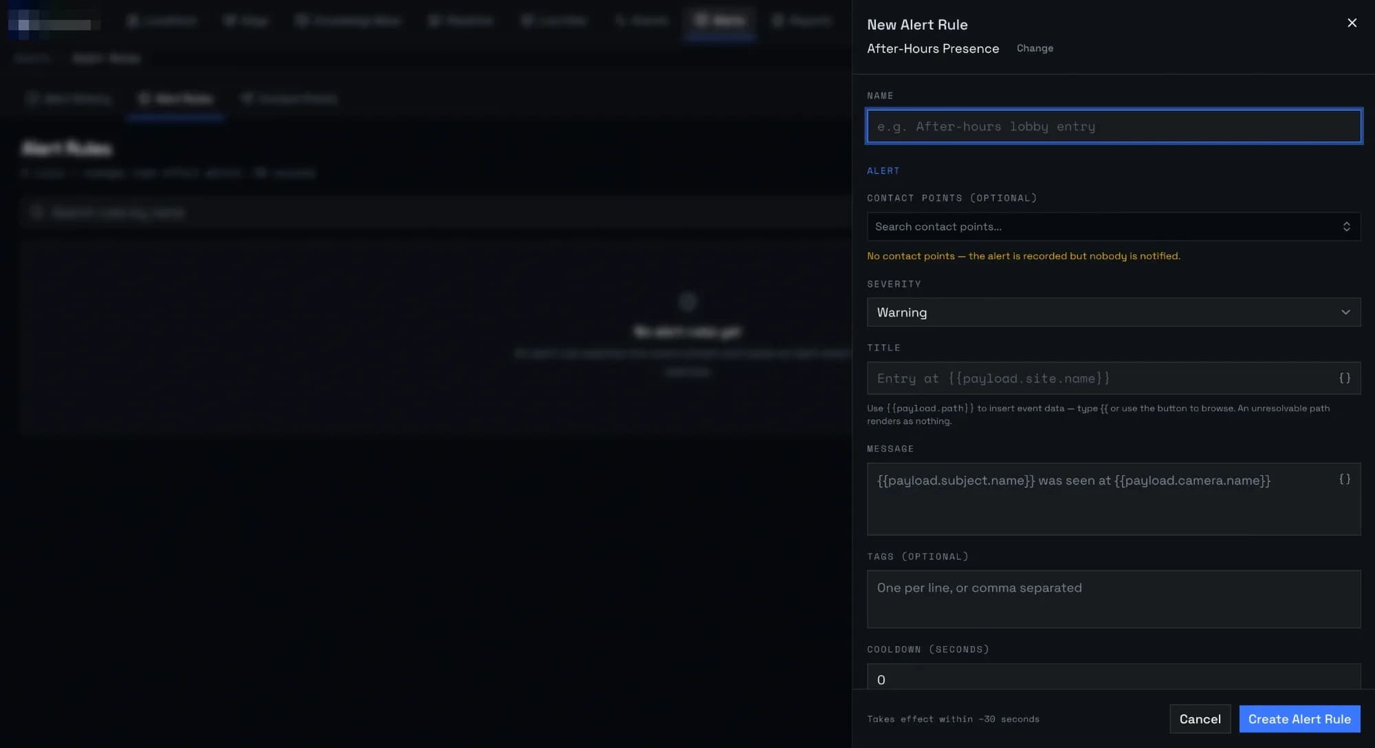 New alert rule dialog listing rule types