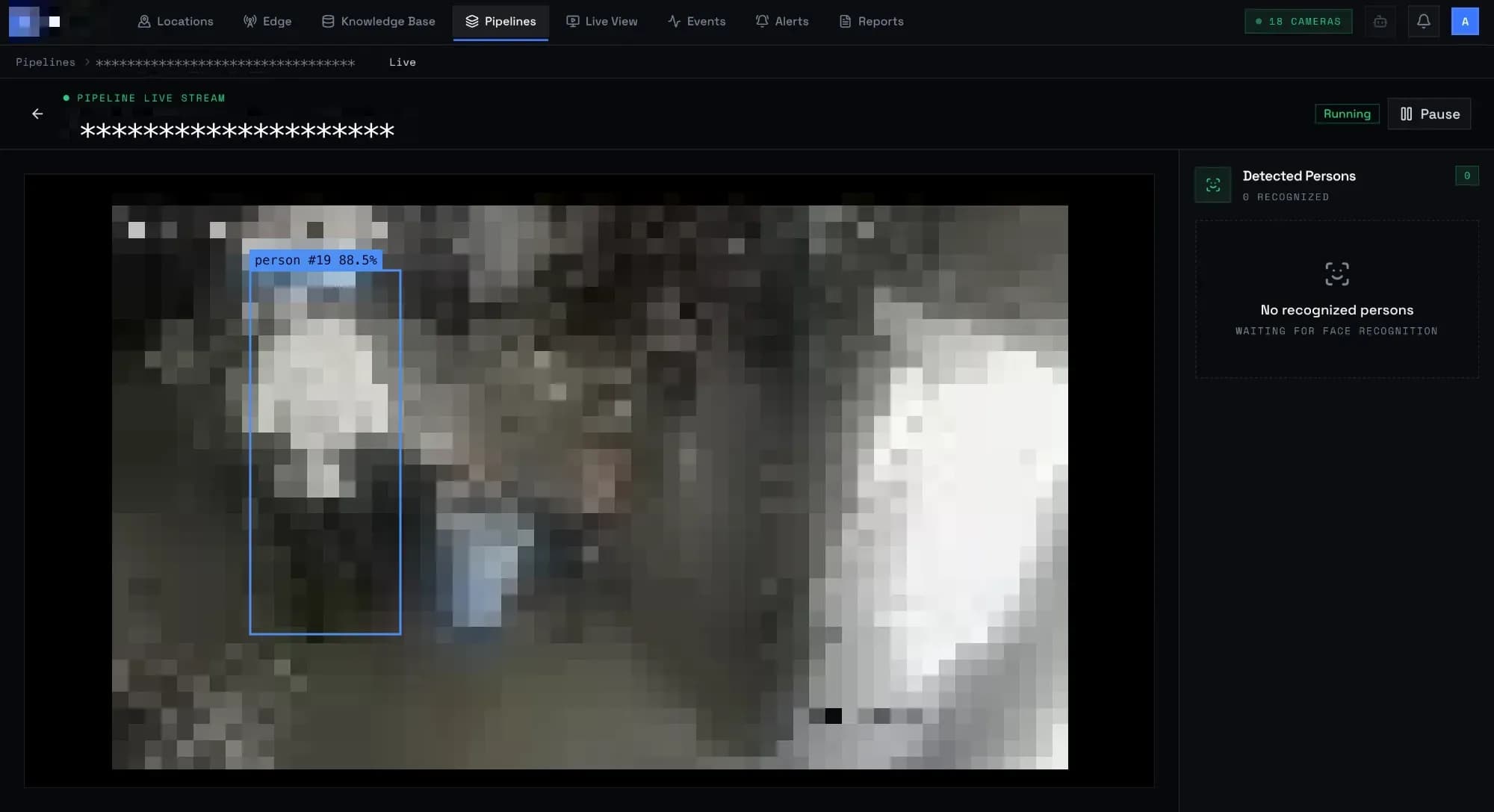 Live stream of a kitchen camera with a tracked person boxed and labelled