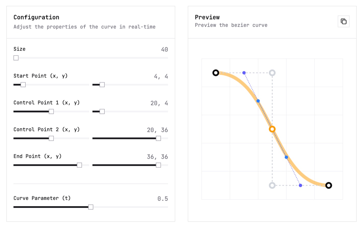 Bezier Curve: the four point sliders beside the preview, with the curve's construction lines drawn at t = 0.5.