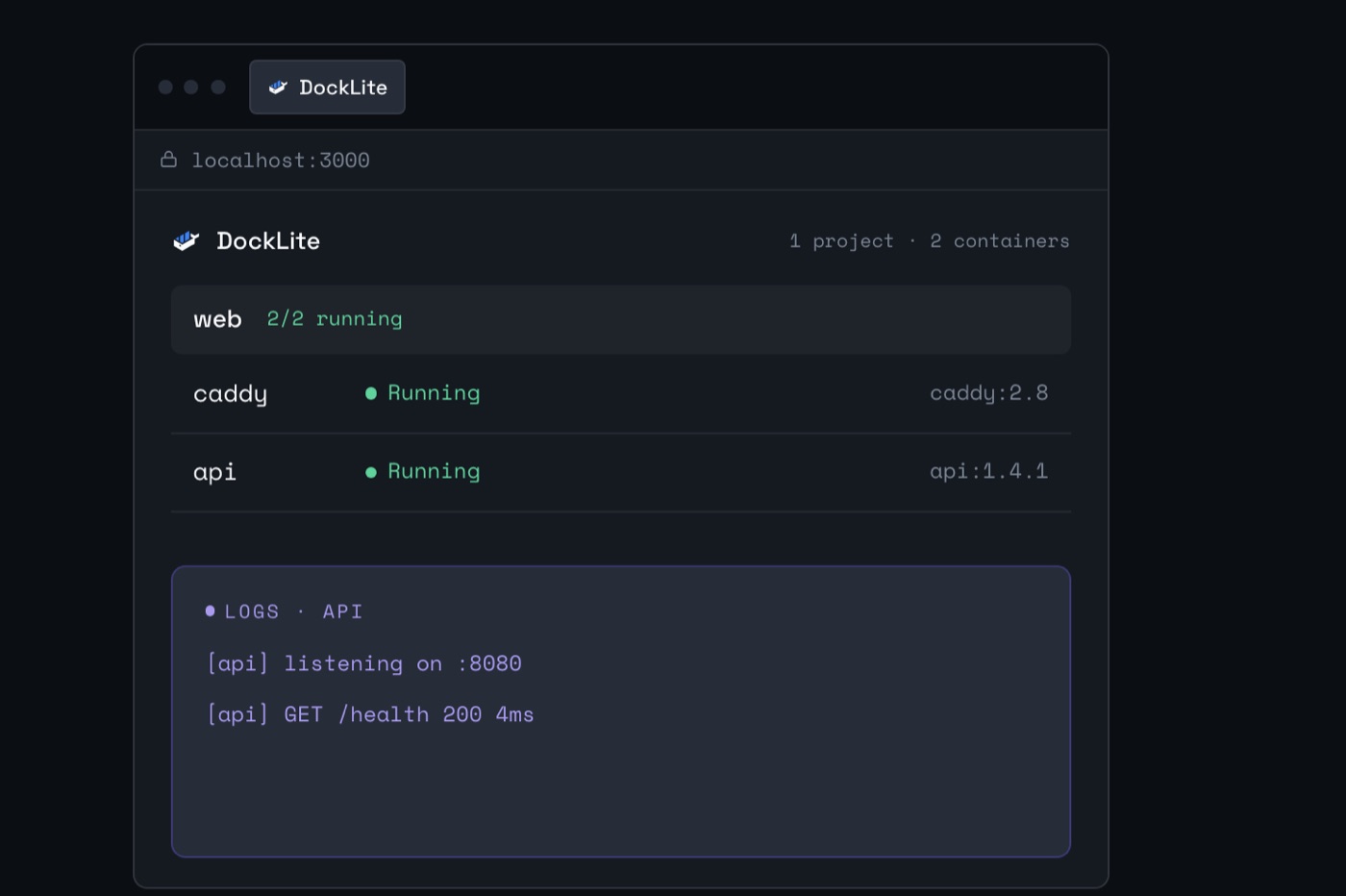 DockLite: a mock of the app on its landing page, showing the web Compose project with its two running containers and live API logs.